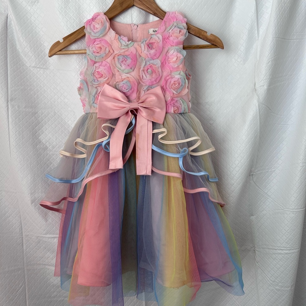 Pink Floral Dress with Rainbow Tulle Skirt